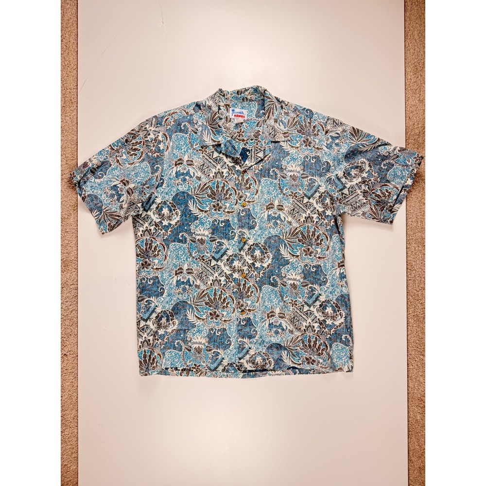 Hawaii Mens XL Vintage‎ Blue Batik Floral Aloha Shirt Short Sleeve Made in USA